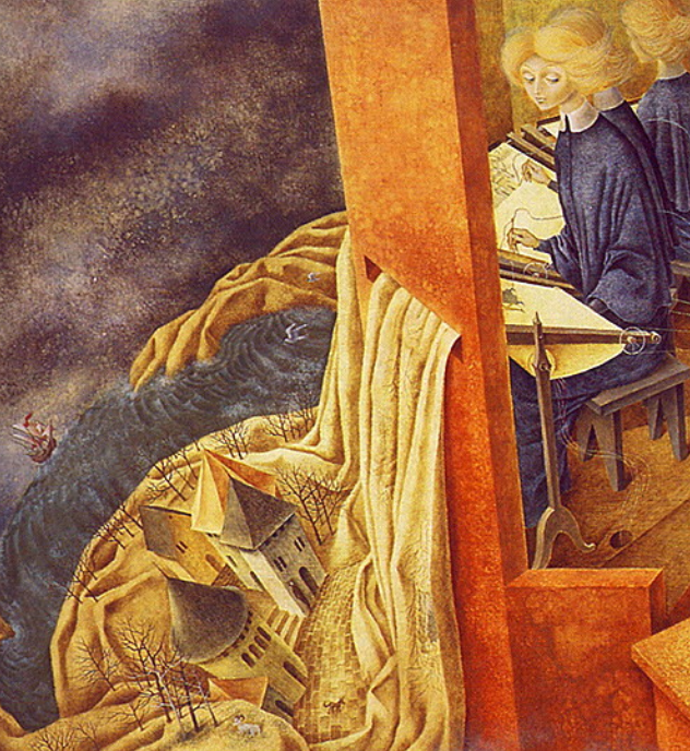 Painting of women in a tower, embroidering a fabric that sfalls from the towers and becomes the earth.