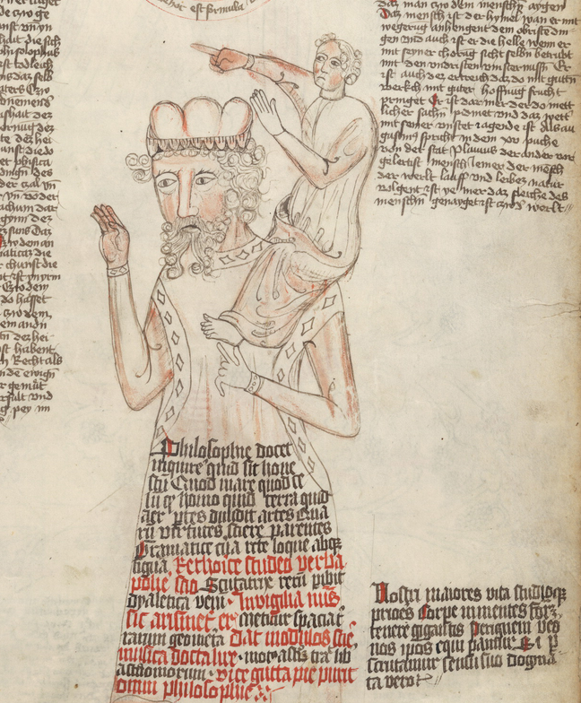 Illuminated manuscript showing a person on a giant's shoulders