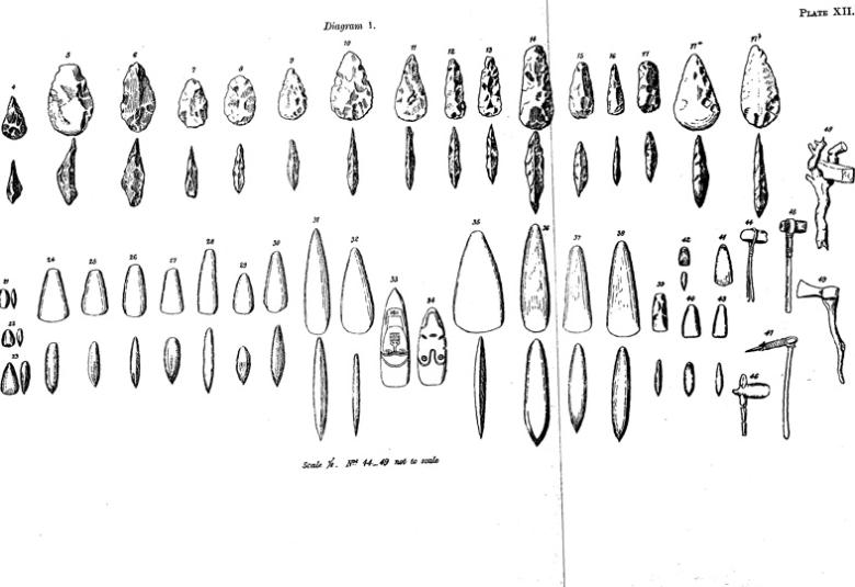 Various early stone tools arranged chronologically, demostrating their evolution
