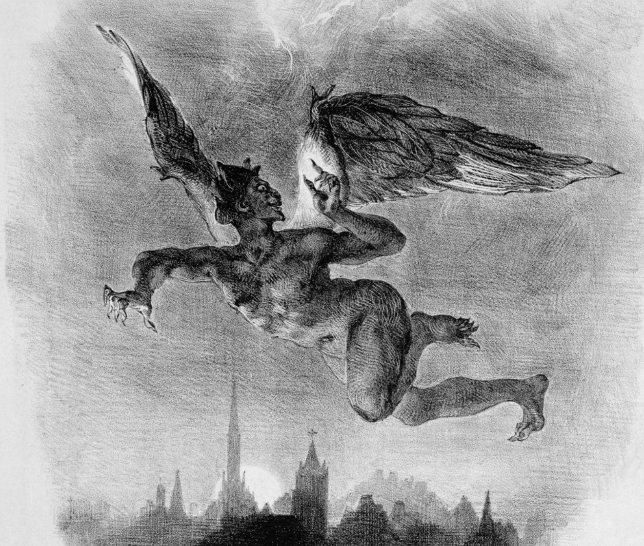 Lithograph of Mephistopheles flying over a city