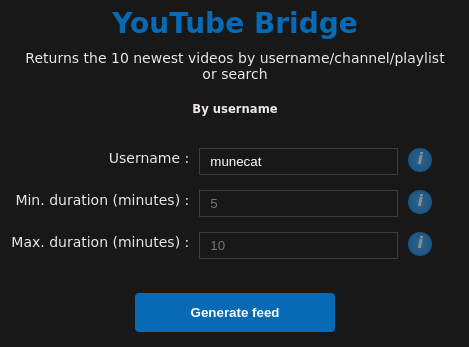 using RSS Bridge to create a rss feed for a YouTube channel