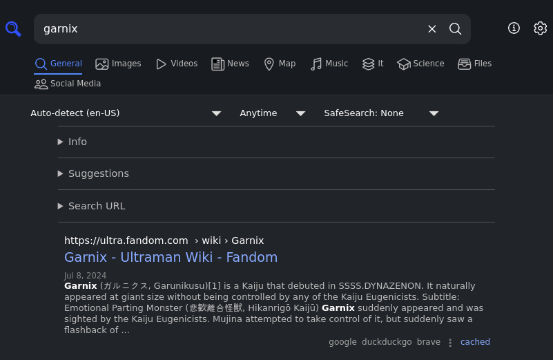 sample of searching for garnix using Searx